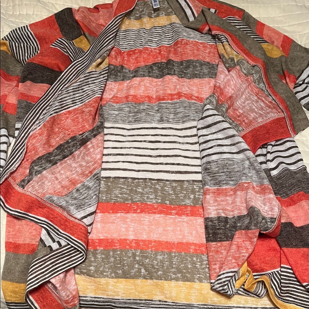 Dearcase Flamingo Sweater 3/4 Waterfall Cardigan Orange Gray Yellow Stripe Sz XL - Picture 13 of 13